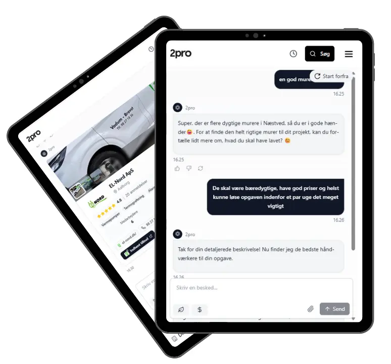 2pro.dk AI chat interface på tablets, der viser samtale med håndværkermatchmaking